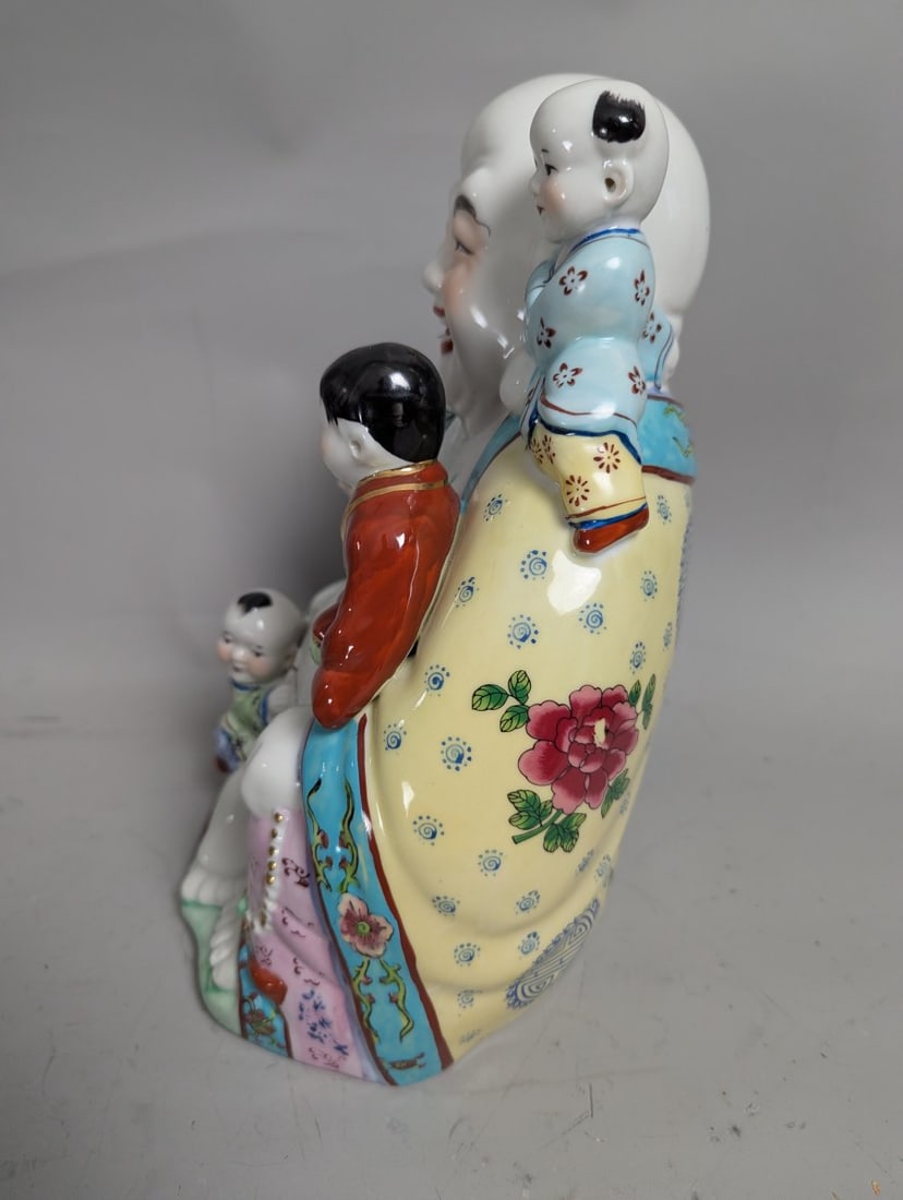 Chinese Famille Rose Porcelain Laughing Buddha Figurine with Five Children 11 High - 2