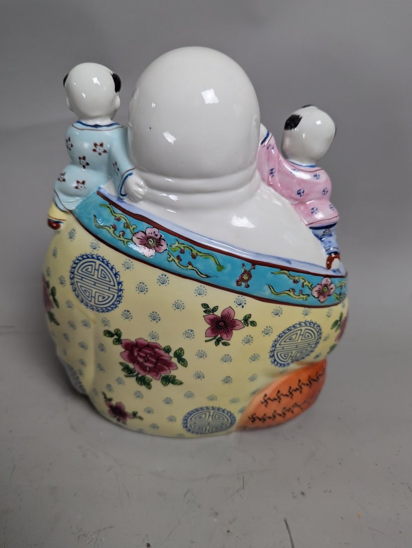 Chinese Famille Rose Porcelain Laughing Buddha Figurine with Five Children 11 High - 3