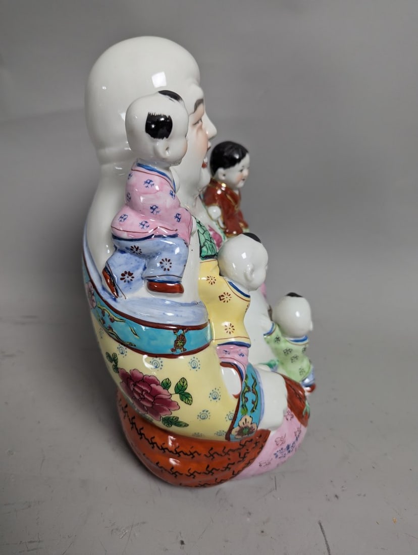Chinese Famille Rose Porcelain Laughing Buddha Figurine with Five Children 11 High - 4
