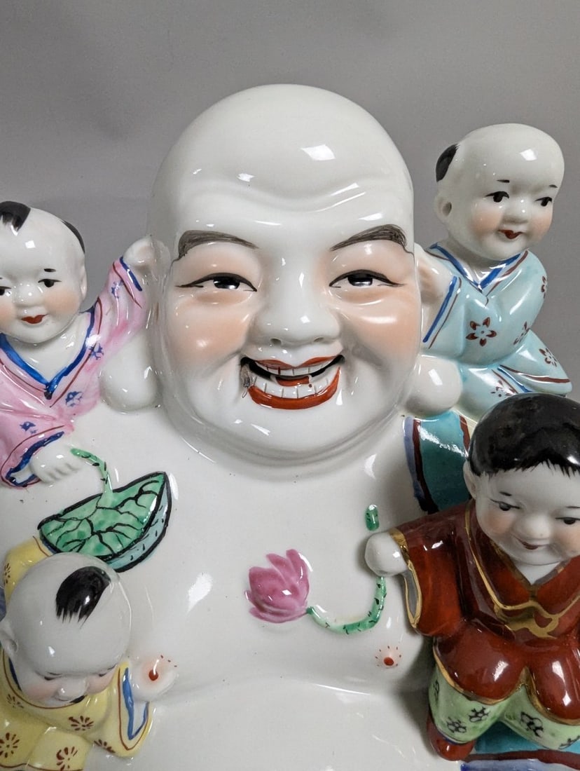 Chinese Famille Rose Porcelain Laughing Buddha Figurine with Five Children 11 High - 5