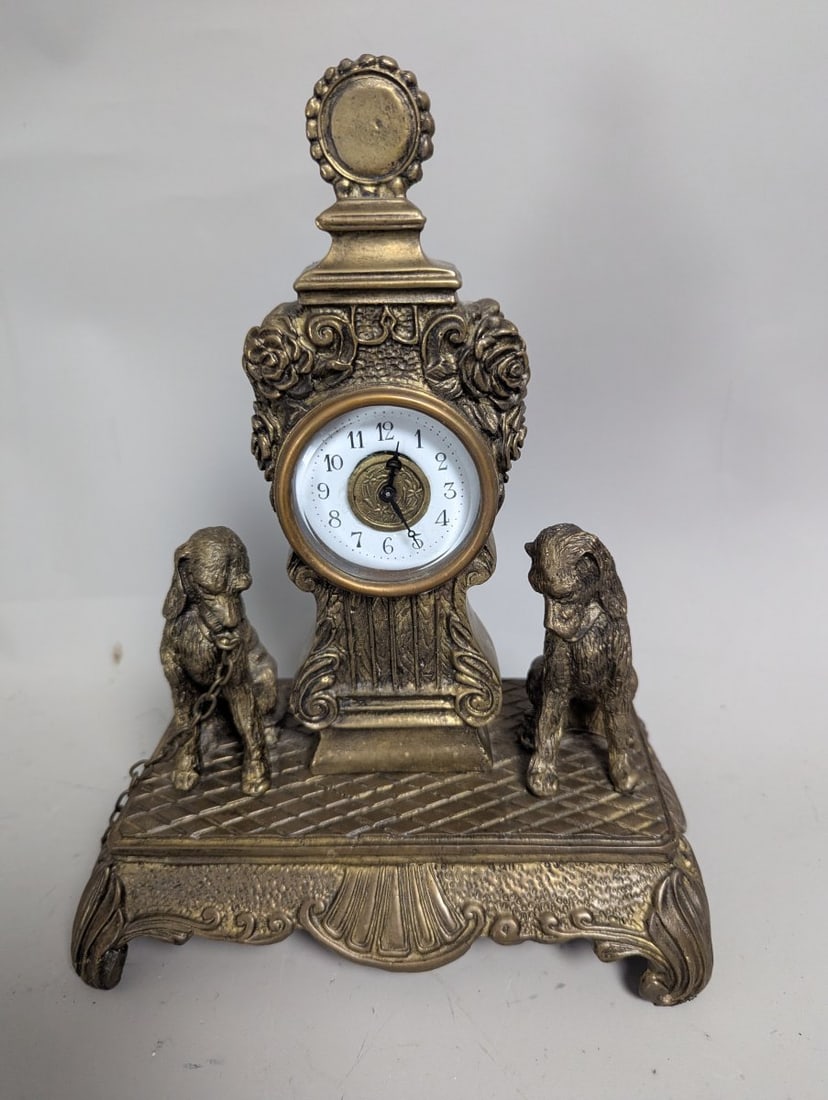 Victorian Revival Spelter Mantel Clock with Dog Figurines Decorative Home Accent: **Important** Please read below description on how to avoid high shipping costs. Up for auction is a stunning Victorian Revival style spelter mantel clock featuring intricate dog figurines. This