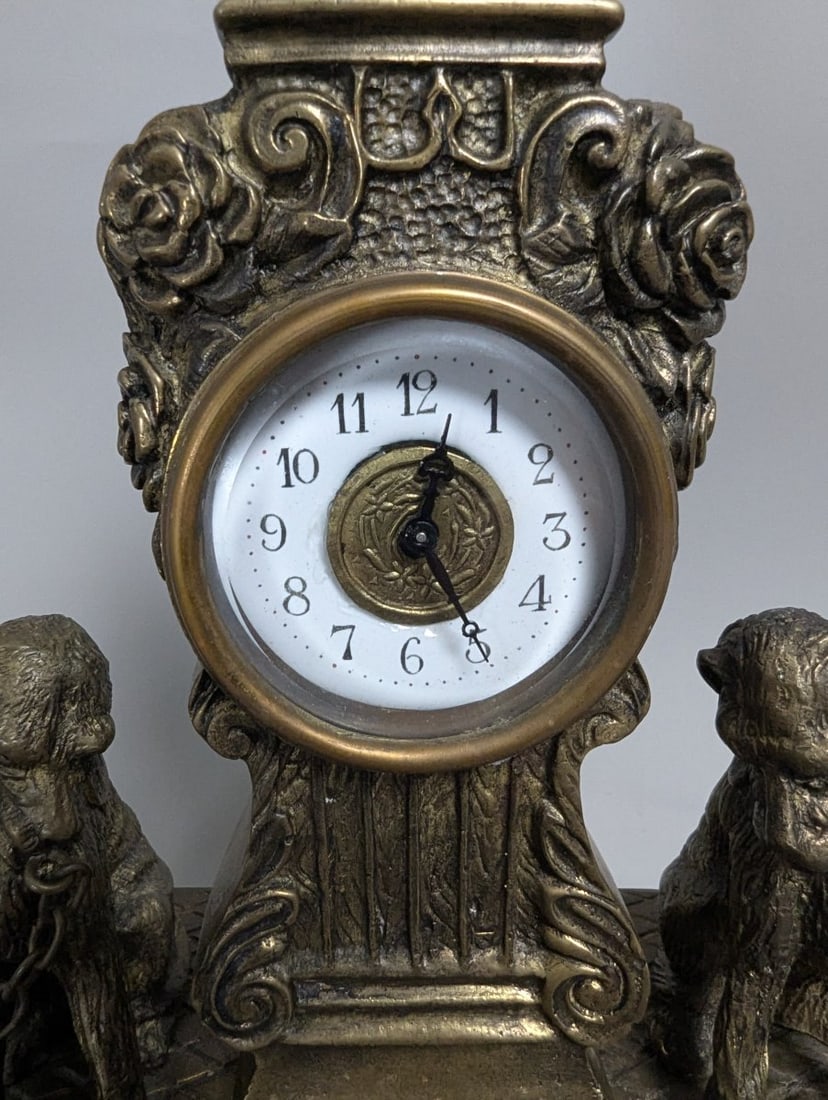 Victorian Revival Spelter Mantel Clock with Dog Figurines Decorative Home Accent - 2