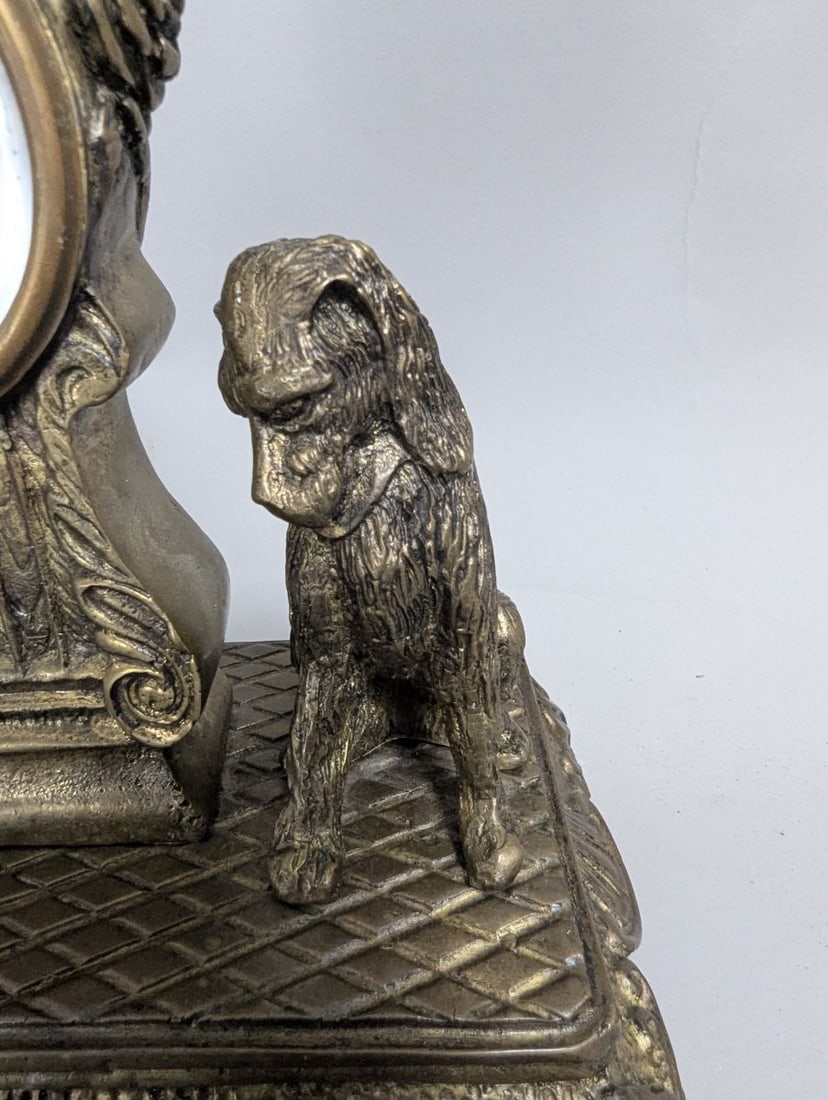 Victorian Revival Spelter Mantel Clock with Dog Figurines Decorative Home Accent - 3