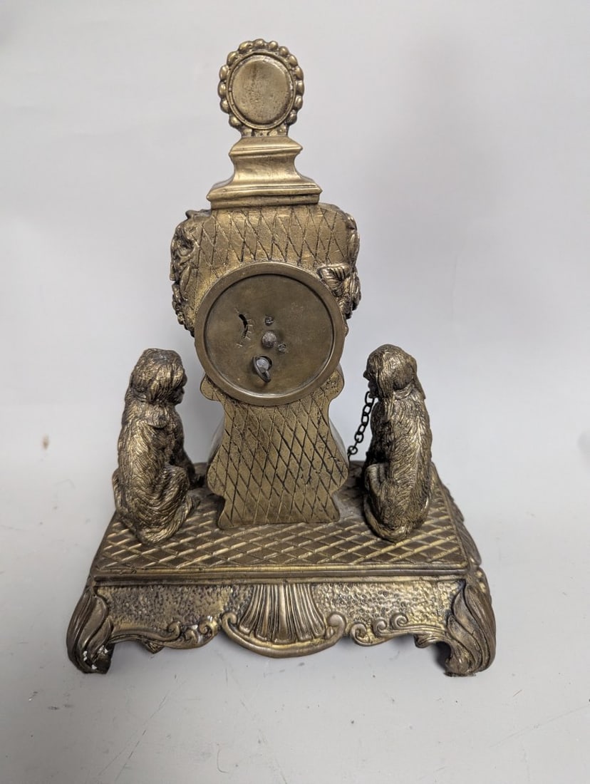 Victorian Revival Spelter Mantel Clock with Dog Figurines Decorative Home Accent - 6