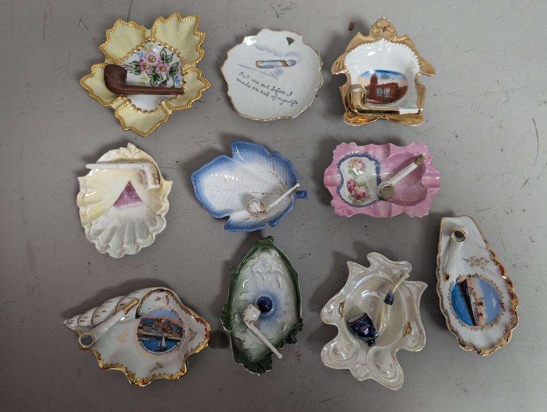 Vintage Ceramic Ashtray Collection Pipe Rests Decorative Souvenir Ware 10 Pieces: **Important** Please read below description on how to avoid high shipping costs. Discover this exquisite collection of 10 vintage ceramic ashtrays, perfect for collectors and enthusiasts alike. Each