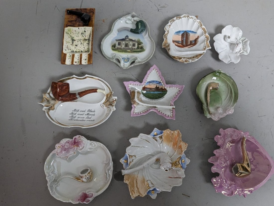 Vintage Ceramic and Porcelain Decorative Dishes Pipe Ashtrays Collection 10 Pieces: **Important** Please read below description on how to avoid high shipping costs. Discover a unique collection of ten distinct vintage ceramic and porcelain decorative dishes, commonly known as pipe