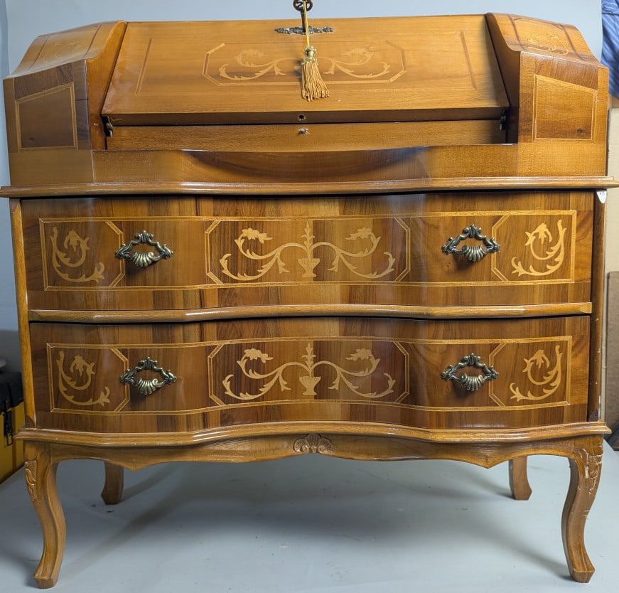 Venetian Marquetry Slant-Front Writing Desk Italian Louis XV Style with Key: **Important** Please read below description on how to avoid high shipping costs. This elegant Venetian Marquetry Slant-Front Writing Desk is a stunning addition to any home office or study. Crafted