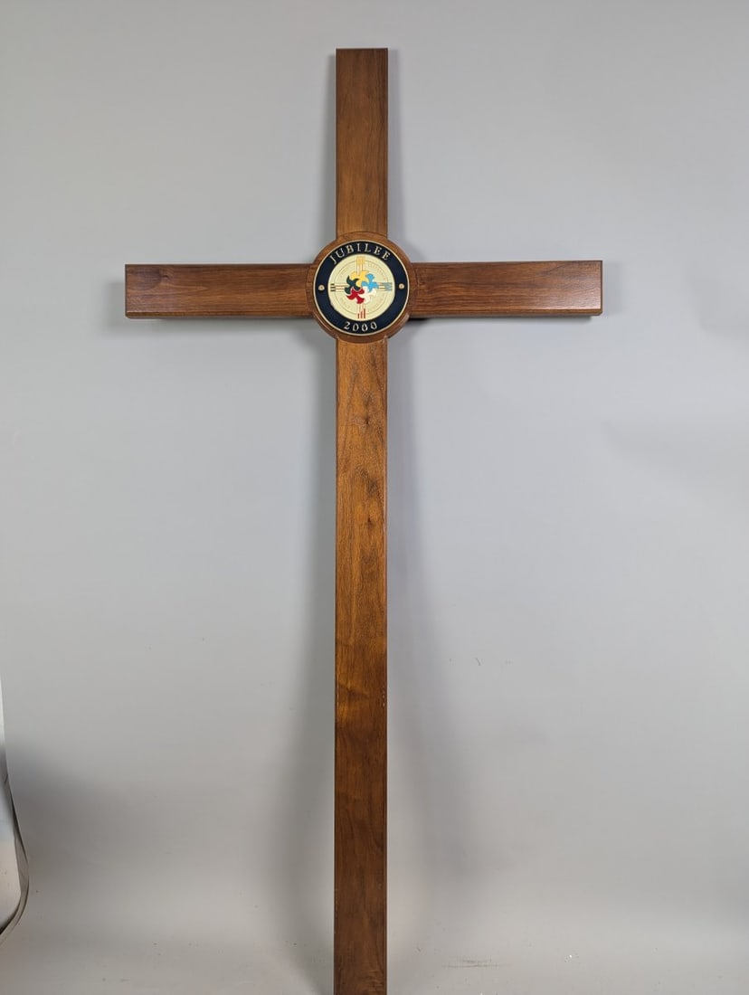 Large Wooden Wall Cross with Great Jubilee 2000 Medallion by Emanuela Rocchi: **Important** Please read below description on how to avoid high shipping costs. This stunning Large Wooden Wall Cross measures 30 x 60 x 1, making it a remarkable statement piece for any space.