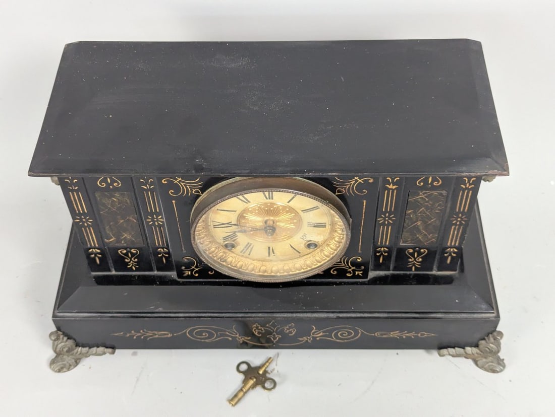 Antique Ansonia Triumph Black Metal Mantel Clock with Key and Pendulum - 2
