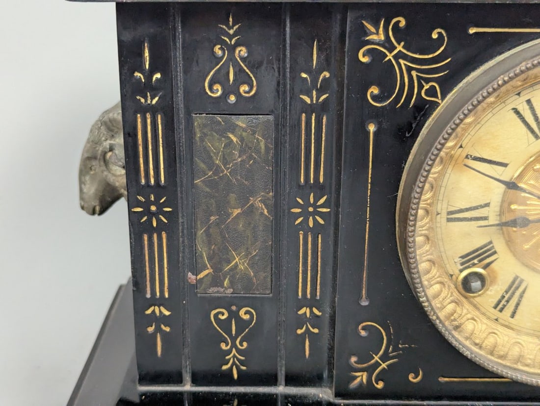 Antique Ansonia Triumph Black Metal Mantel Clock with Key and Pendulum - 3