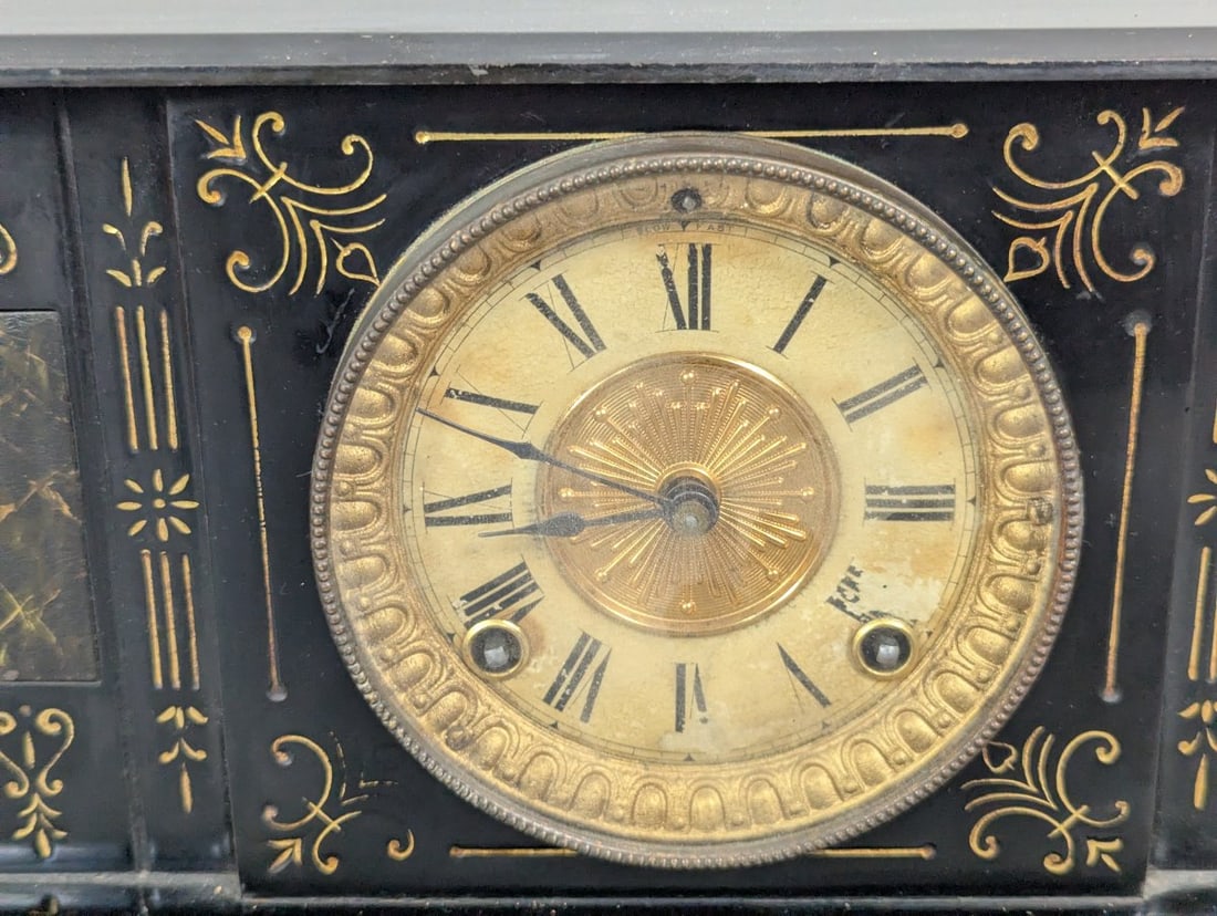 Antique Ansonia Triumph Black Metal Mantel Clock with Key and Pendulum - 4