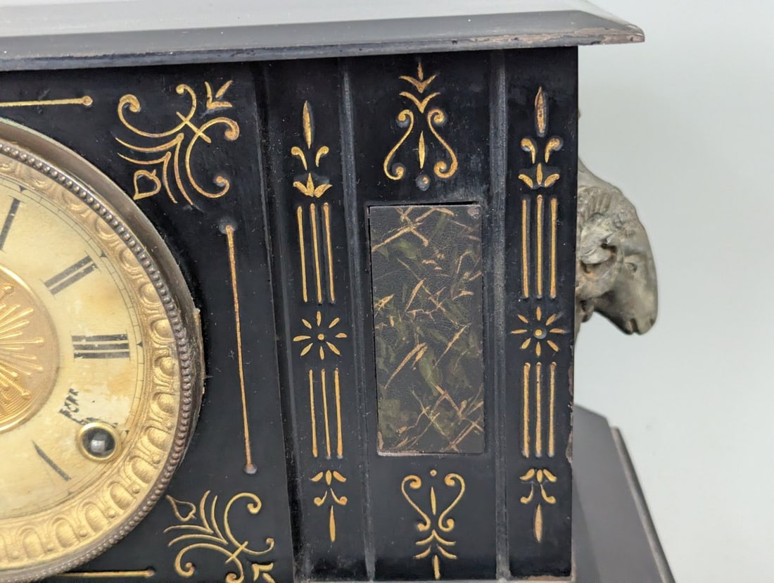 Antique Ansonia Triumph Black Metal Mantel Clock with Key and Pendulum - 5