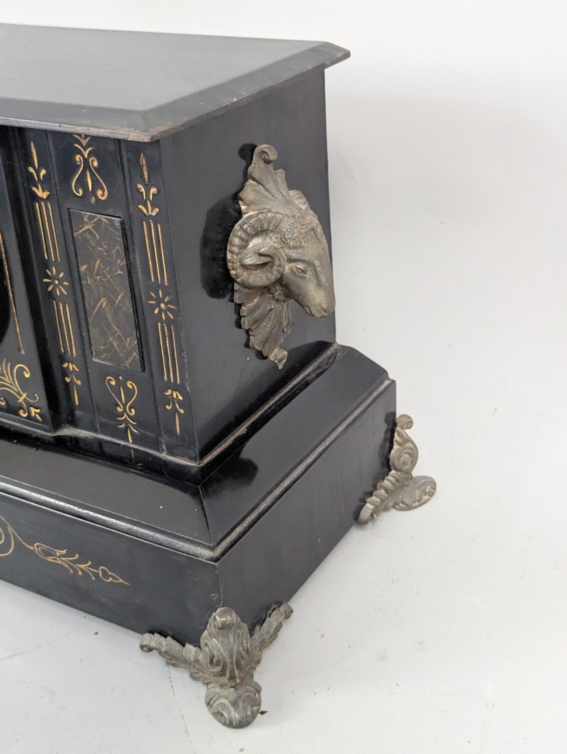 Antique Ansonia Triumph Black Metal Mantel Clock with Key and Pendulum - 6