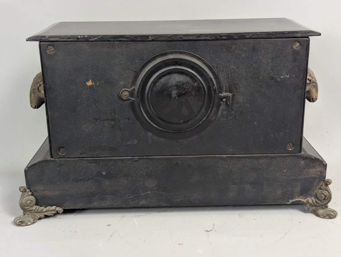 Antique Ansonia Triumph Black Metal Mantel Clock with Key and Pendulum - 8