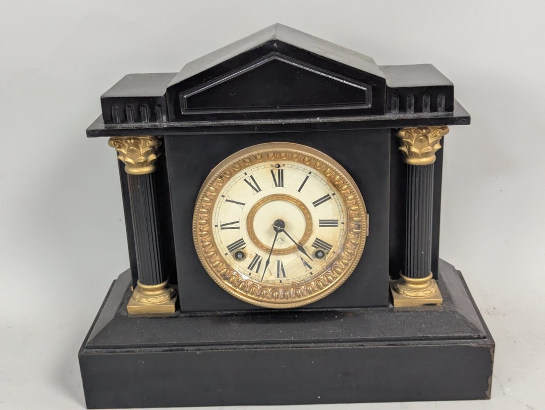 Ansonia Triumph Black Metal Mantel Clock with Pendulum in Working Order (1 of 10)