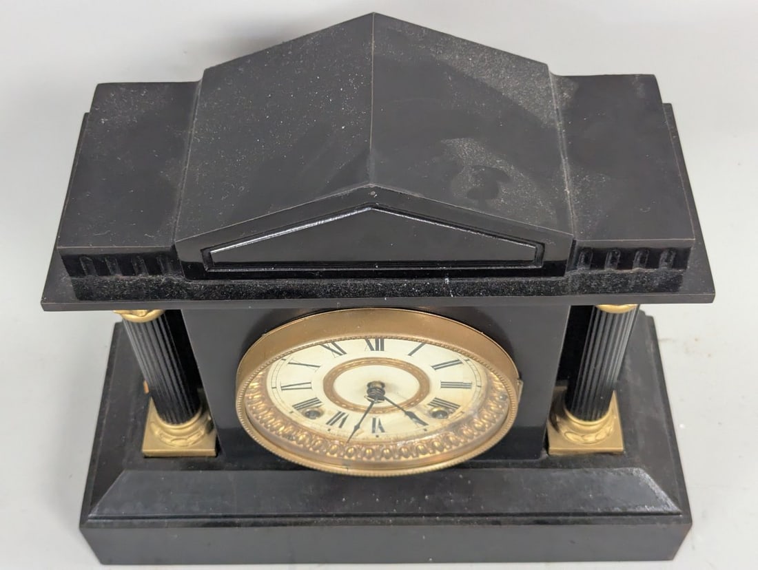 Ansonia Triumph Black Metal Mantel Clock with Pendulum in Working Order - 2