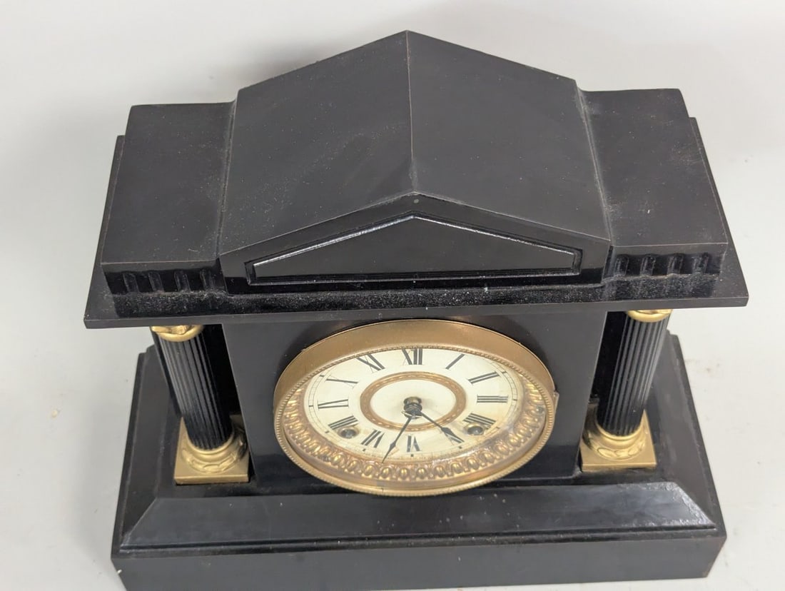 Ansonia Triumph Black Metal Mantel Clock with Pendulum in Working Order - 5