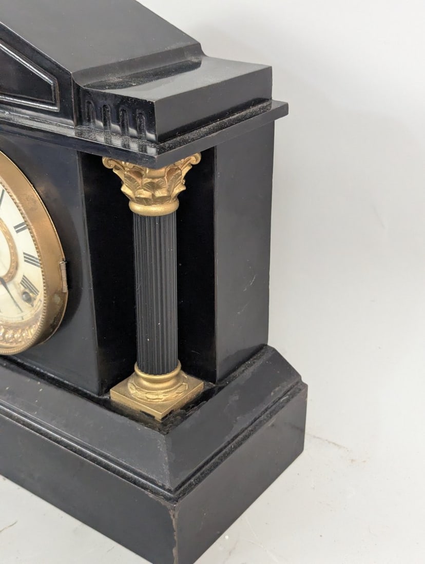 Ansonia Triumph Black Metal Mantel Clock with Pendulum in Working Order - 6