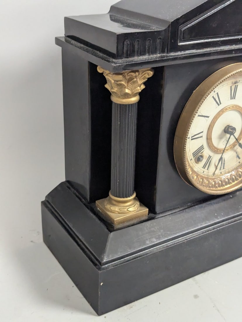 Ansonia Triumph Black Metal Mantel Clock with Pendulum in Working Order - 7