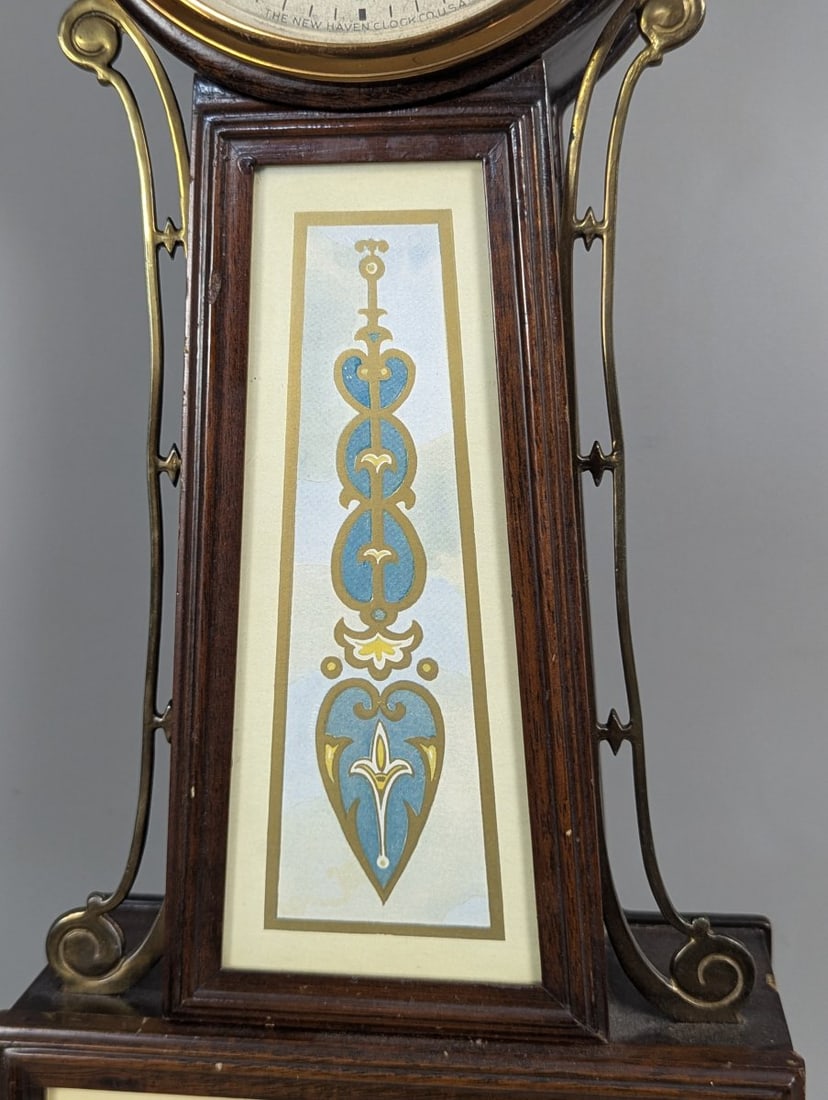 Vintage New Haven Banjo Clock with Key for Repair, Decorative Eagle Finial - 4