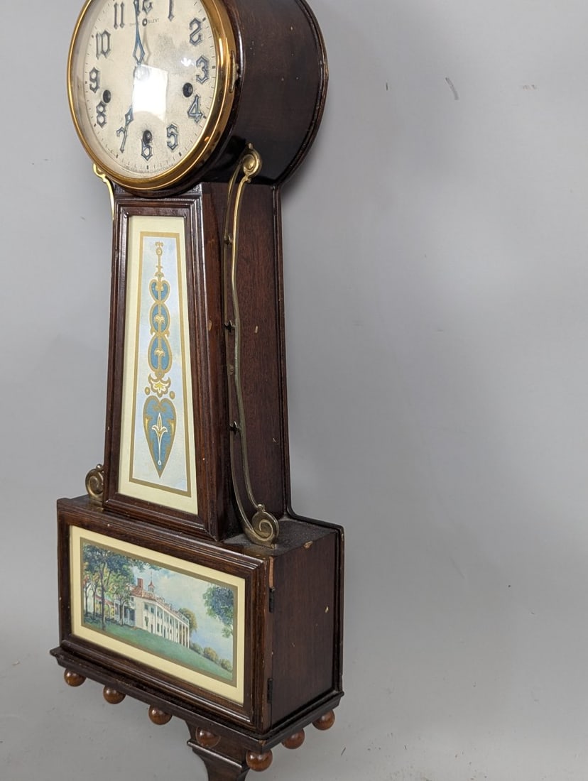 Vintage New Haven Banjo Clock with Key for Repair, Decorative Eagle Finial - 6