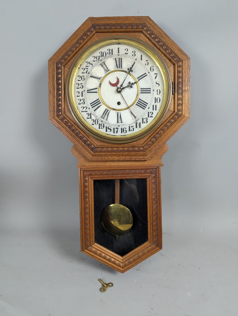 Wm. L. Gilbert Consort Model Oak Calendar Wall Clock with Pendulum and Key (1 of 8)