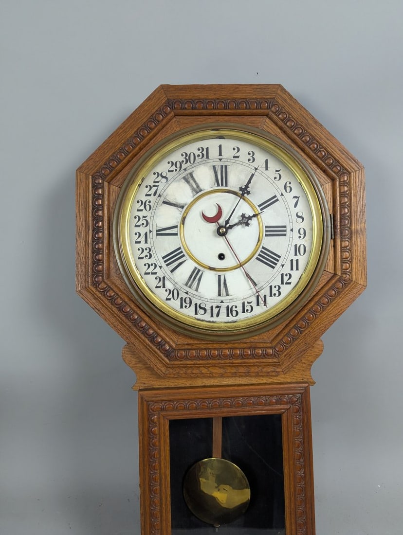 Wm. L. Gilbert Consort Model Oak Calendar Wall Clock with Pendulum and Key - 2
