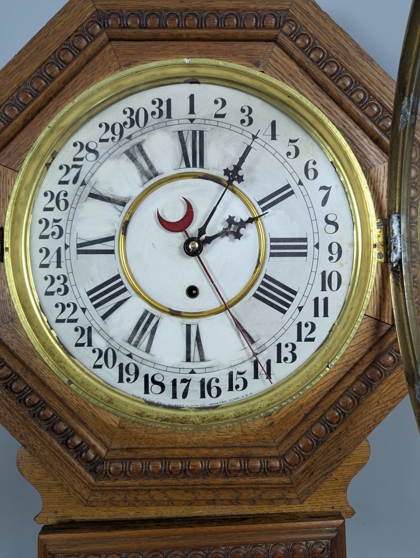 Wm. L. Gilbert Consort Model Oak Calendar Wall Clock with Pendulum and Key - 3