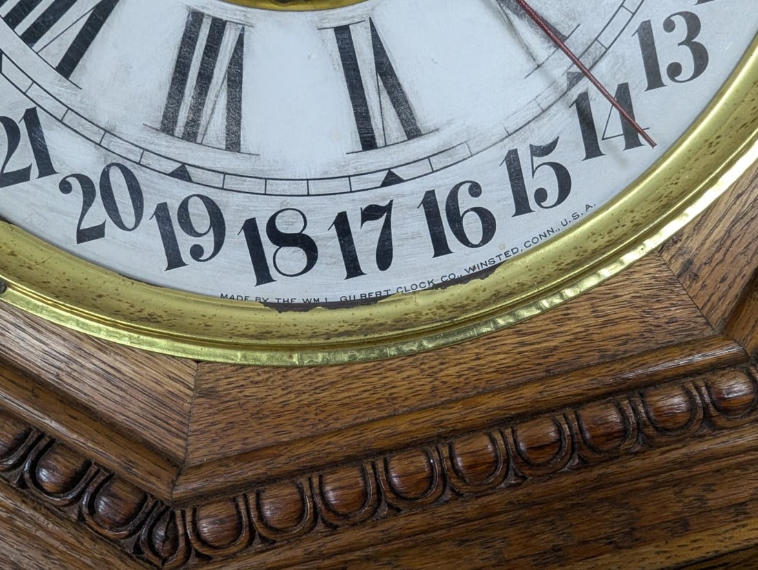Wm. L. Gilbert Consort Model Oak Calendar Wall Clock with Pendulum and Key - 4