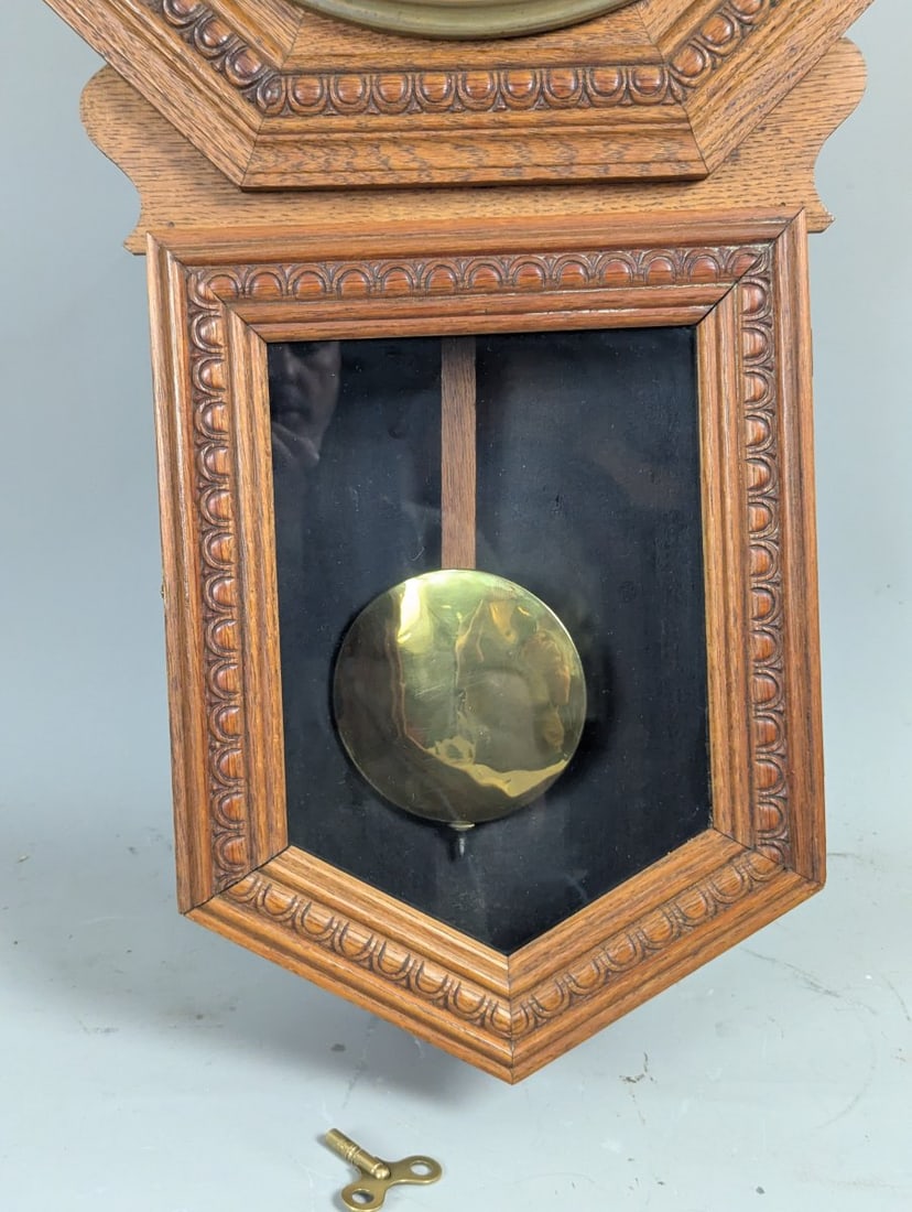 Wm. L. Gilbert Consort Model Oak Calendar Wall Clock with Pendulum and Key - 5