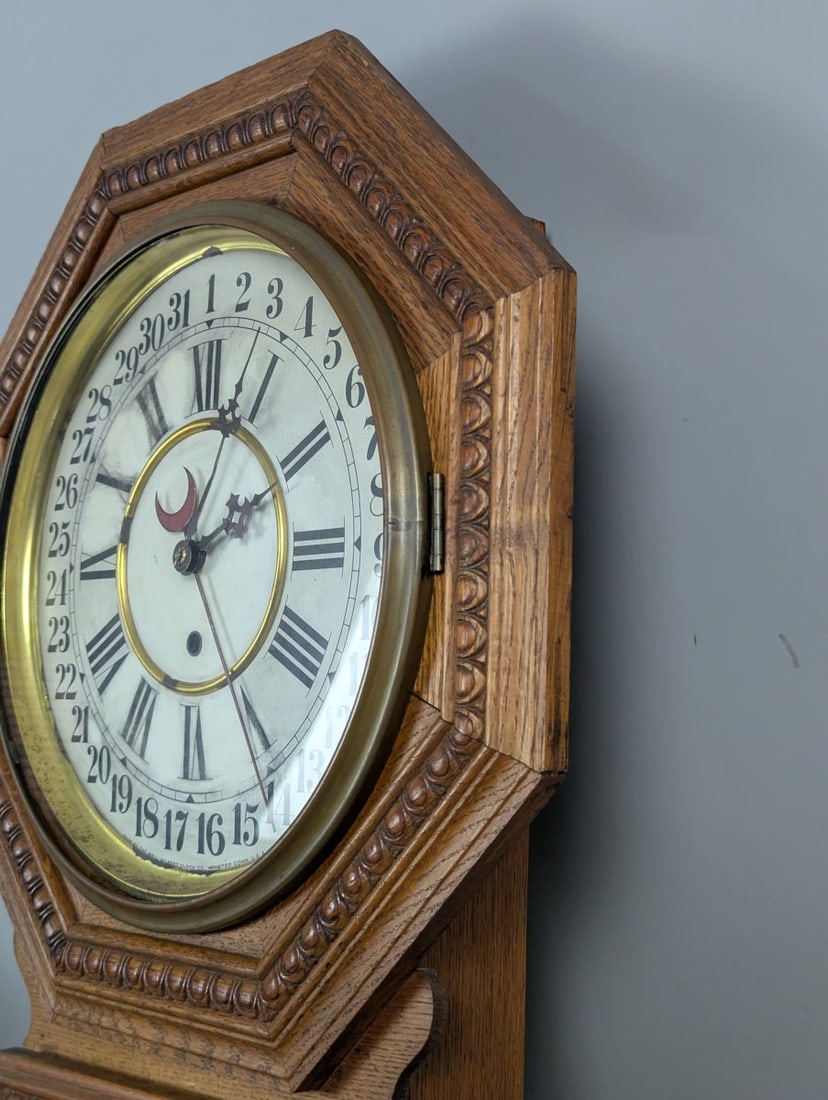 Wm. L. Gilbert Consort Model Oak Calendar Wall Clock with Pendulum and Key - 6