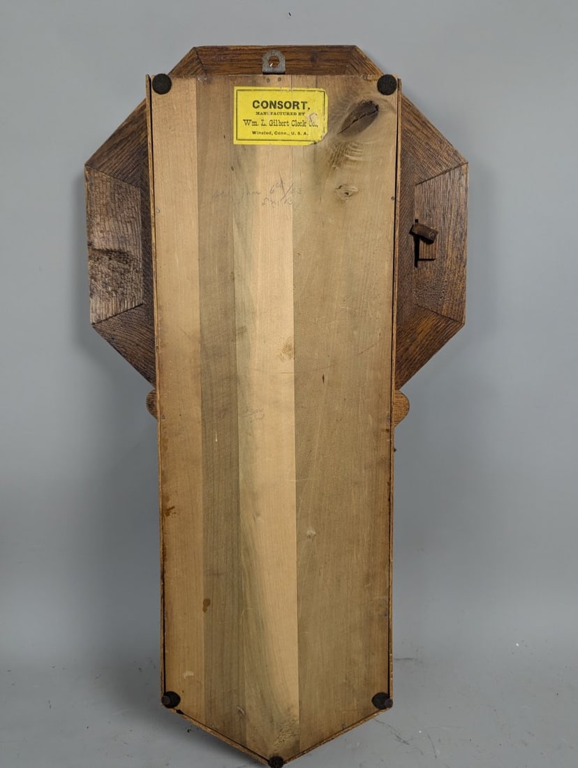 Wm. L. Gilbert Consort Model Oak Calendar Wall Clock with Pendulum and Key - 7