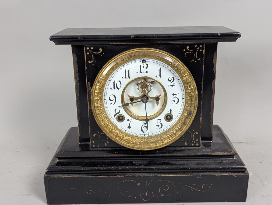 Ansonia Black Metal Mantel Clock with Key and Pendulum - Working Condition (1 of 9)