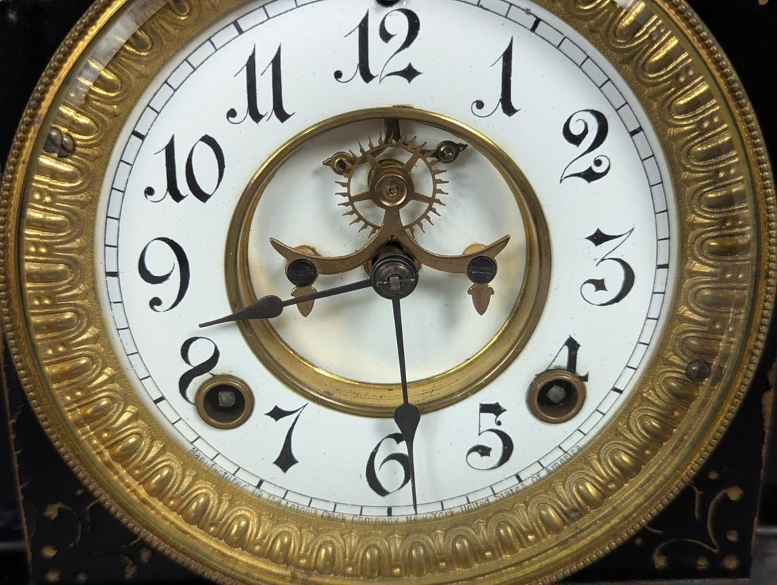 Ansonia Black Metal Mantel Clock with Key and Pendulum - Working Condition - 2