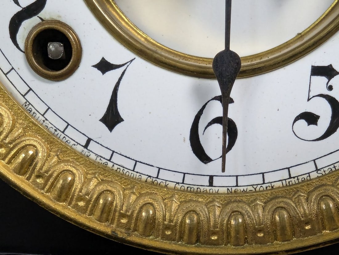 Ansonia Black Metal Mantel Clock with Key and Pendulum - Working Condition - 3