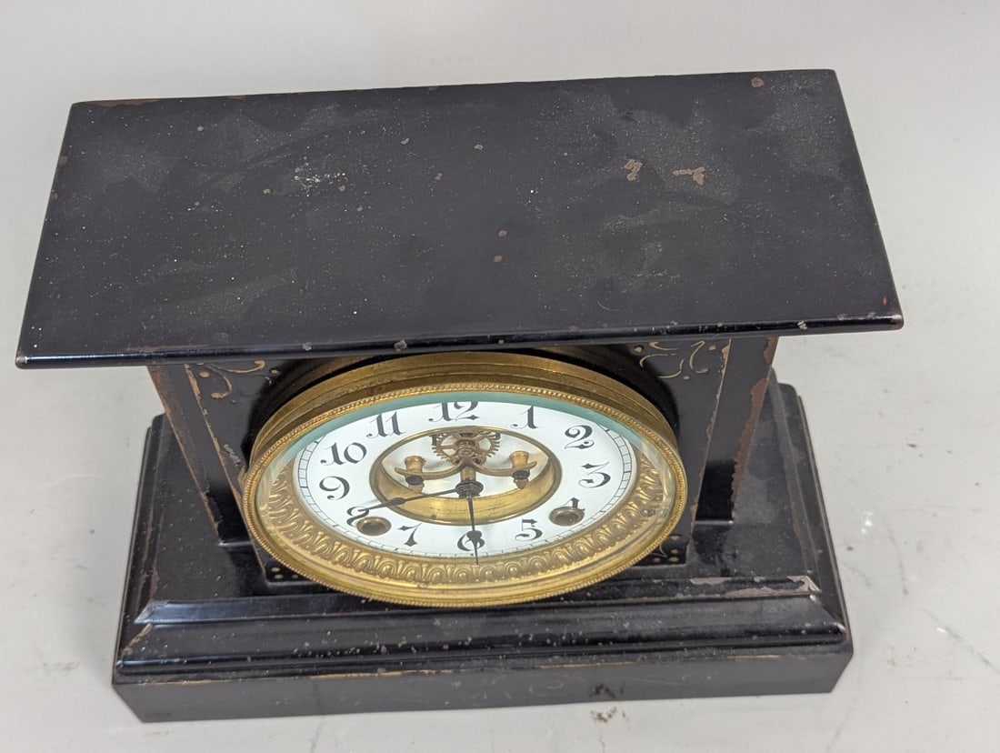 Ansonia Black Metal Mantel Clock with Key and Pendulum - Working Condition - 4