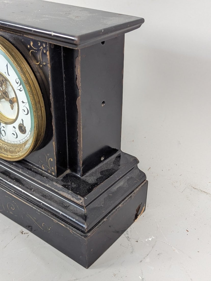 Ansonia Black Metal Mantel Clock with Key and Pendulum - Working Condition - 5