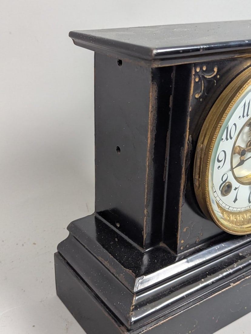 Ansonia Black Metal Mantel Clock with Key and Pendulum - Working Condition - 6