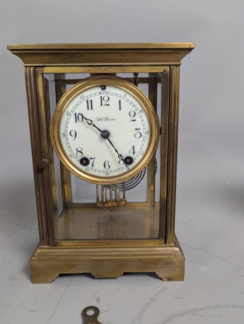 Seth Thomas Brass Crystal Regulator Mantel Clock with Key and Pendulum - Antique Collectible (1 of 6)