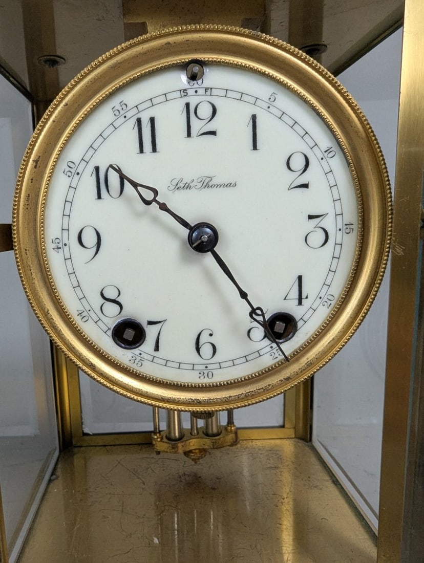 Seth Thomas Brass Crystal Regulator Mantel Clock with Key and Pendulum - Antique Collectible - 2