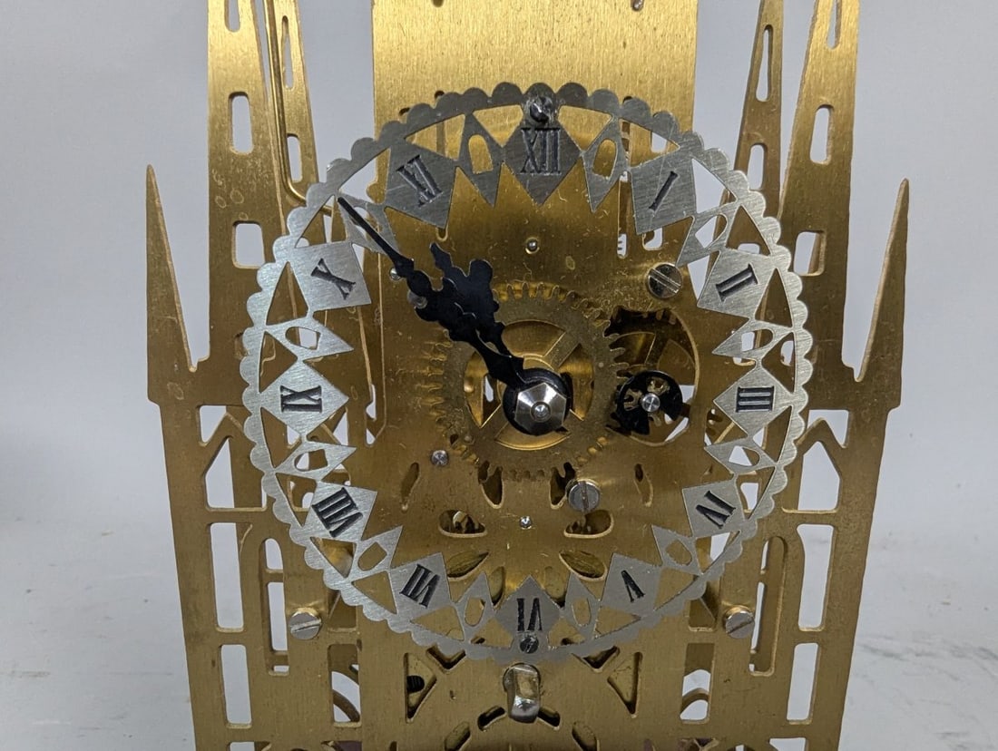Gothic Revival Brass Cathedral Skeleton Clock Unique Antique Timepiece - 6