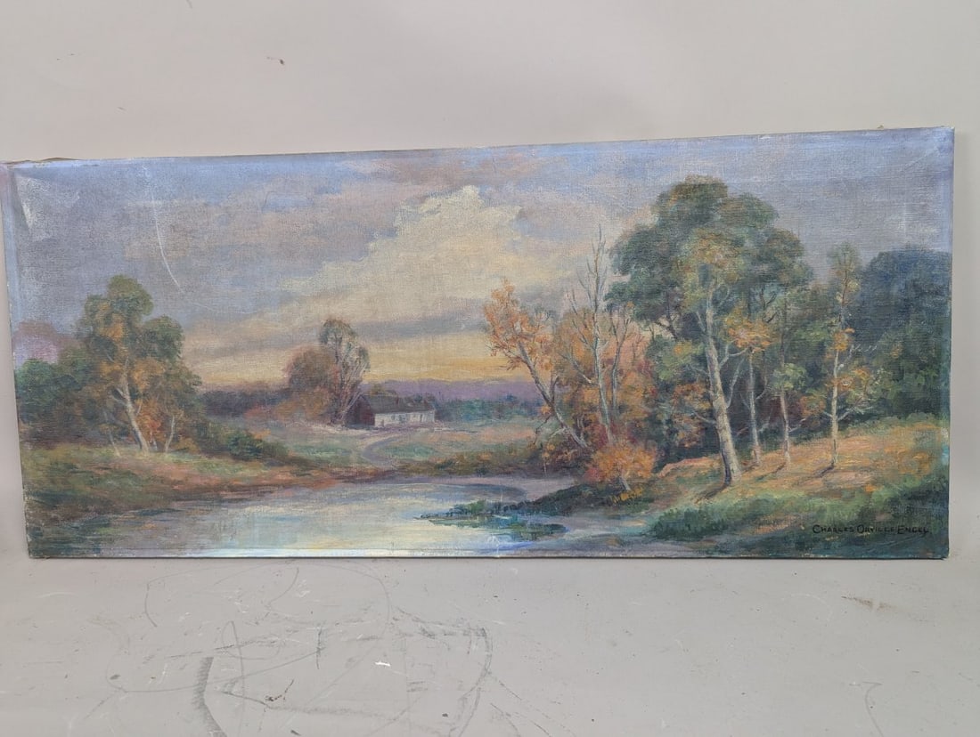 Charles Orville Engel Impressionist Landscape Oil Painting Rare Find: **Important** Please read below description on how to avoid high shipping costs. This exquisite unframed oil painting by renowned American artist Charles Orville Engel measures 34 x 15 x 1 inches.