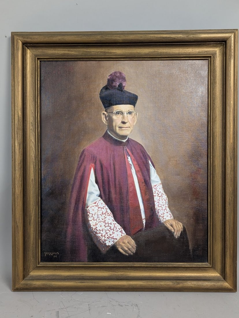 Framed Oil on Canvas Portrait of Monsignor McMillan by Jerrold - Vintage Artwork: **Important** Please read below description on how to avoid high shipping costs. Presenting a striking framed oil on canvas portrait of Monsignor NcMillan by Jerrold, dated 1966. This exquisite piece