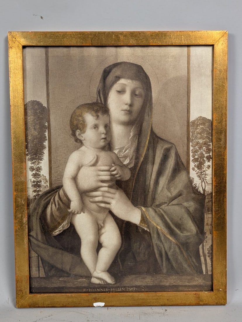 Framed Carbon Print after Giovanni Bellini Madonna degli Alberetti Antique Reproduction: **Important** Please read below description on how to avoid high shipping costs. This beautiful framed carbon print measures 13 1/4 x 17 1/4 inches, with the image itself being 11 1/2 x 15 1/2 inches.
