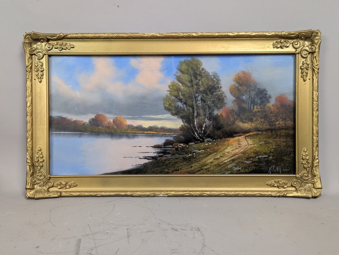 Framed Pastel Landscape Painting by Glattmann - Serene Autumn Scene Under Glass: **Important** Please read below description on how to avoid high shipping costs. This stunning framed pastel painting measures 27 x 17 x 2 inches, with an image size of 23 x 11 1/4 inches,