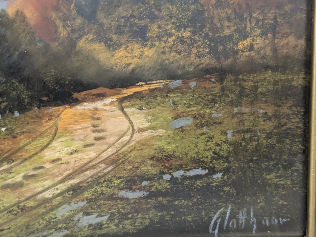 Framed Pastel Landscape Painting by Glattmann - Serene Autumn Scene Under Glass - 7