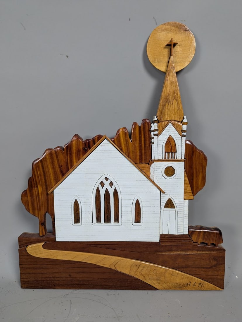 H.C. Heithoff Intarsia Wood Church Wall Art - Unique American Folk Art: **Important** Please read below description on how to avoid high shipping costs. Discover this stunning H.C. Heithoff Intarsia Wood Church Wall Art, a captivating piece measuring 20 x 16 x 1 inches.