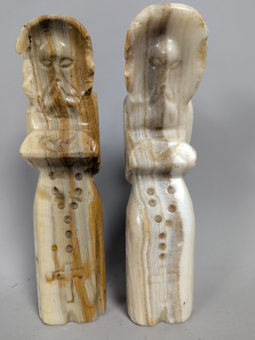 Mid-Century Modern Carved Banded Onyx Figures Pair - Collectible Decorative Art: **Important** Please read below description on how to avoid high shipping costs. Discover a striking pair of Mid-Century Modern carved banded onyx figures, standing 10 high x 2 1/2 x 3. These unique