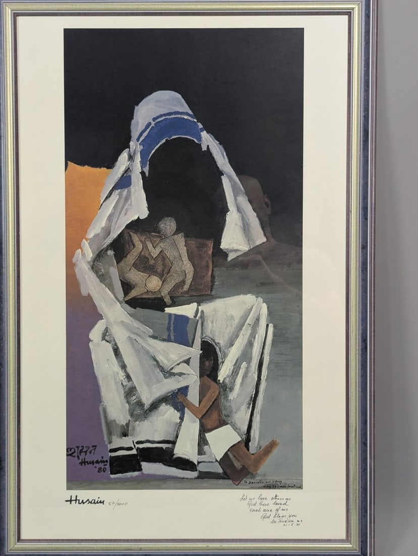 M.F. Husain Mother Teresa Signed Serigraph Framed Art Print Collectible - 2