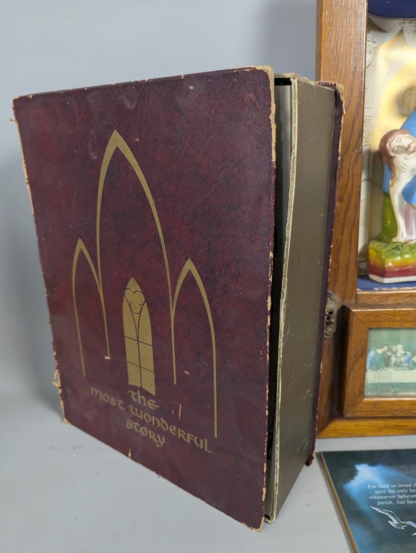 Collection of Christian Devotional Items Including Nativity Pieta Statues Icons and Plaques - 10